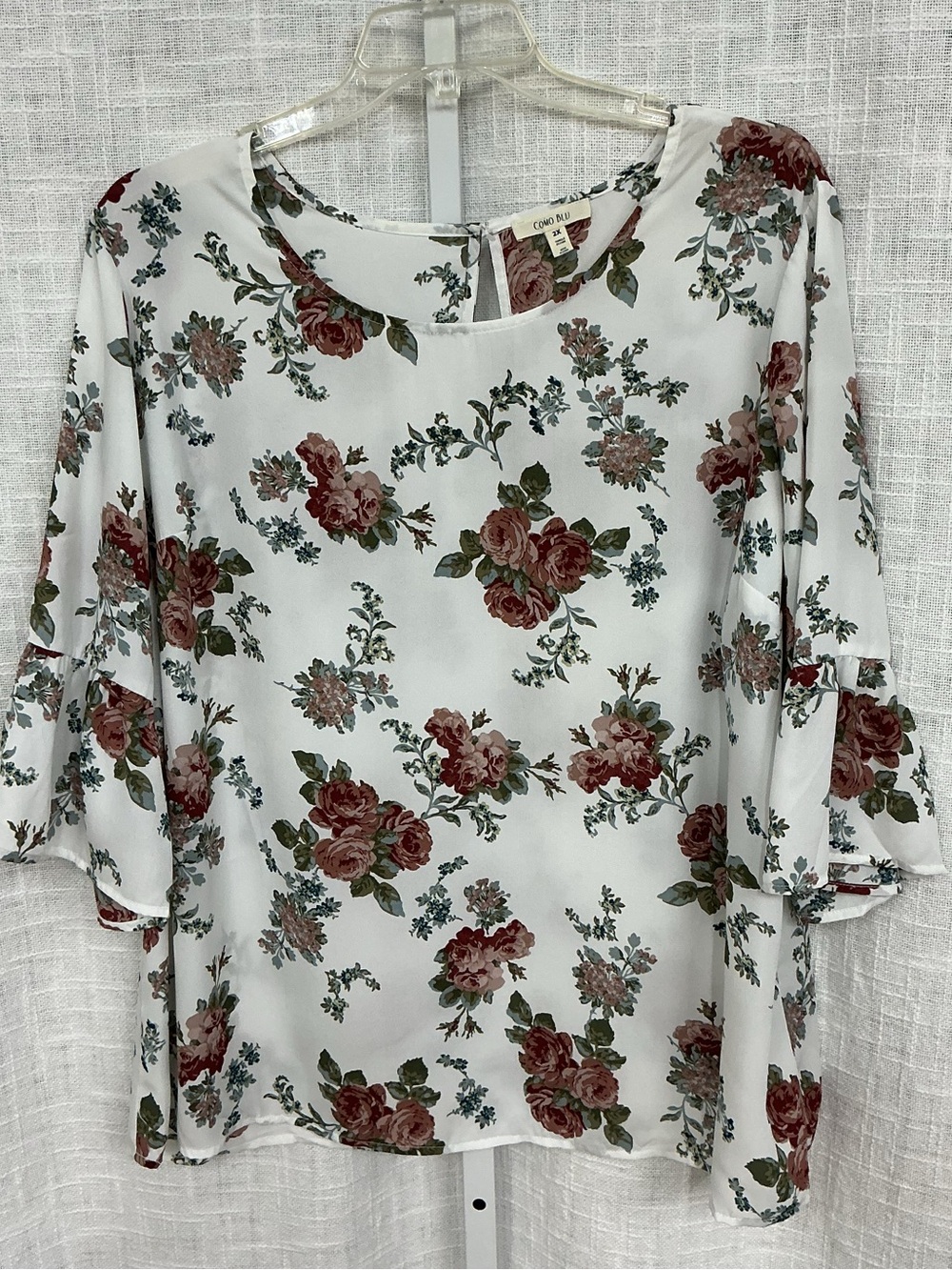 Como Blu White Floral Ruffle-Sleeve Blouse